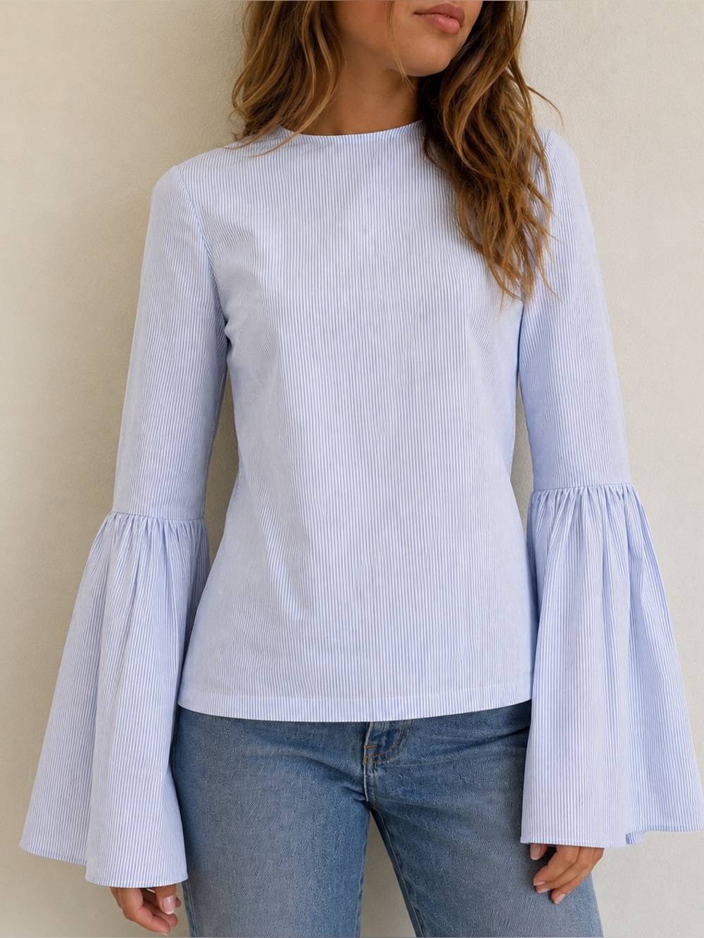 MLM Label Blue Pinstripe Bell Sleeve Top Large Coastal Preppy
